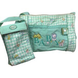Vintage Green Gingham Baby Boom Diaper Bag Letters Animals Pastel PVC Vinyl Wipe